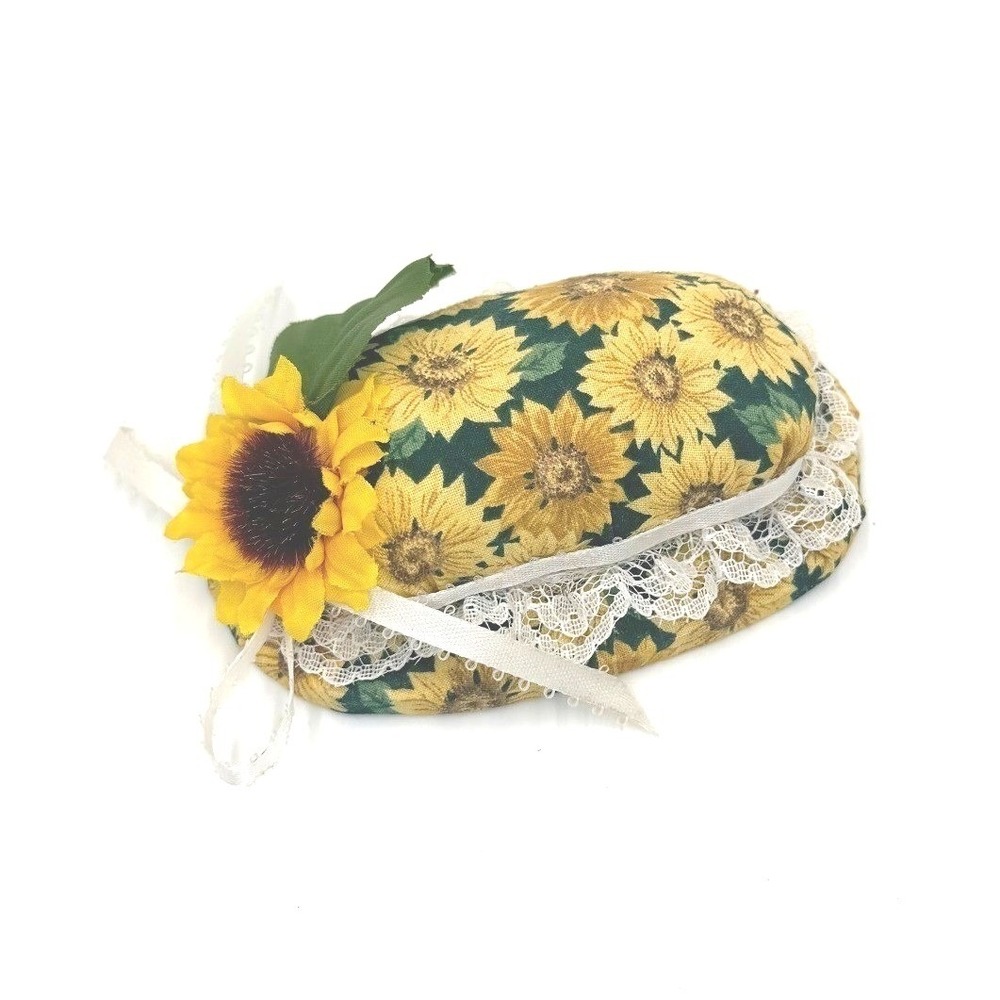Vintage Sunflower Pin Cushion Yellow Floral Lace Trim Oval GL-5684 Sewing Crafts